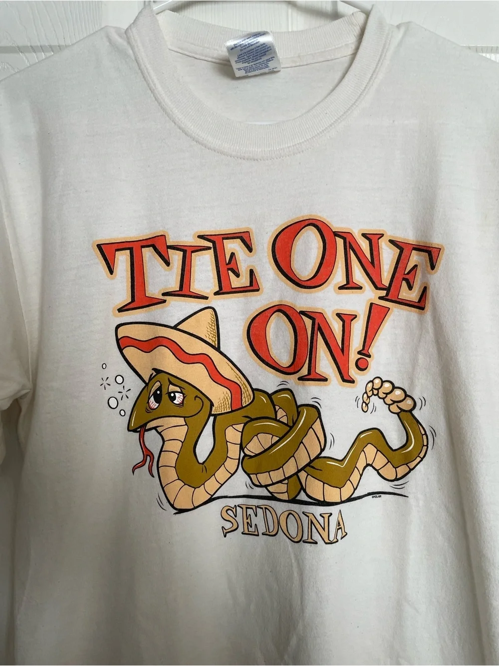 Tie One On! Mens size Medium Sedona Graphic Tee Cream with Orange & Brown Print